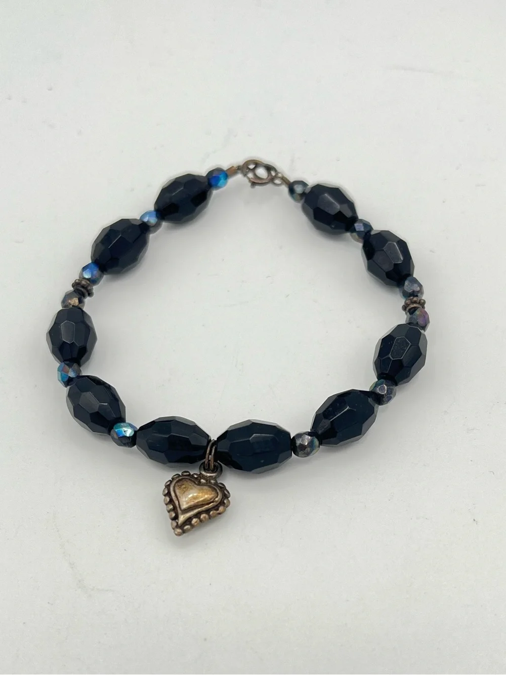 Vintage Black Faceted Glass Bead Bracelet Sterling Silver Heart Charm